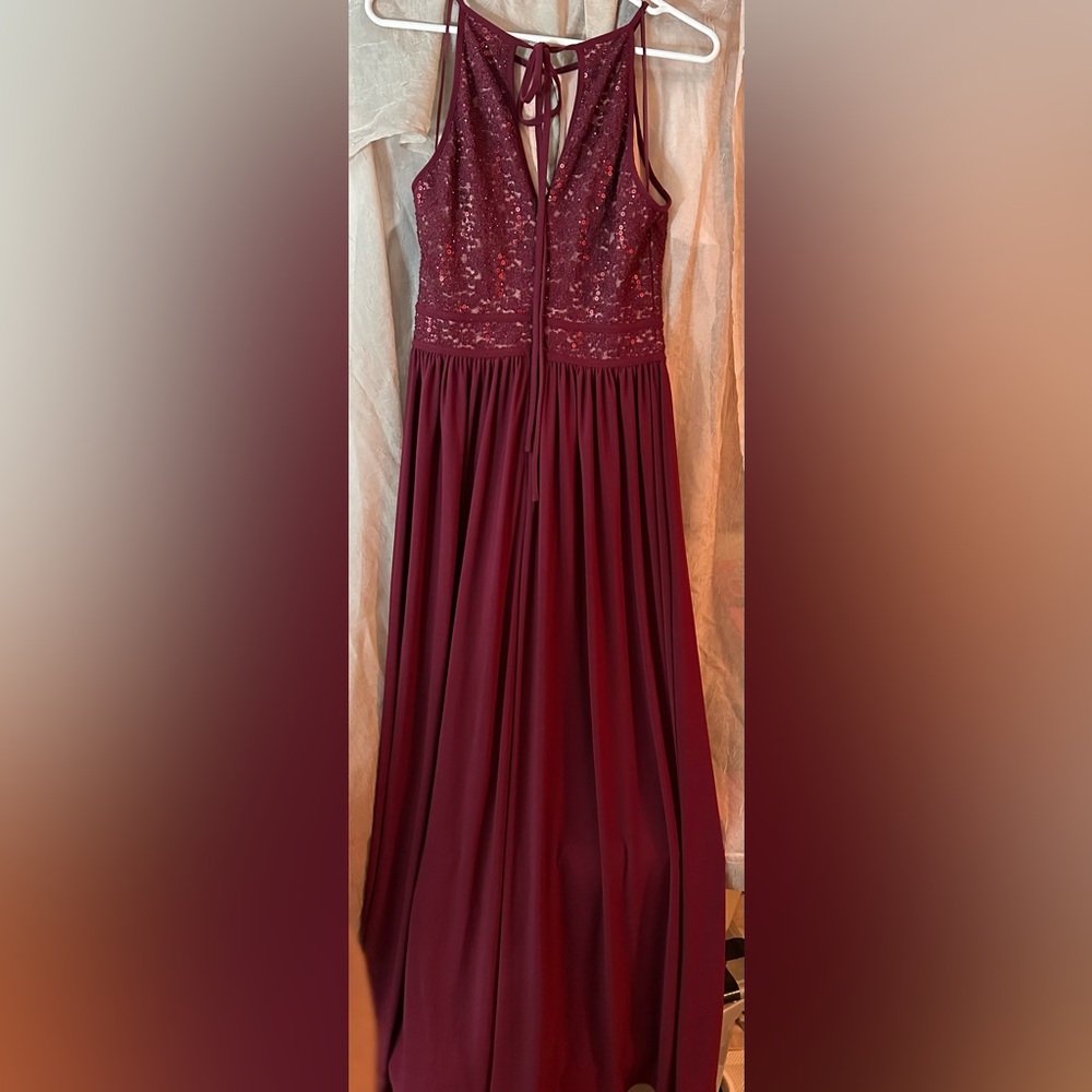 Morgan & Co. Lace-Bodice Keyhole-Neck Formal Gown, size 12